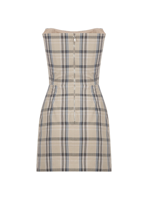 Beige Checked Cotton Strapless Mini Dress, 2 Beige Checked Cotton Strapless Mini Dress, 2