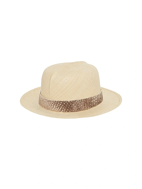 Himalayan Crocodile Leather Trimmed Straw Hat, 3 Himalayan Crocodile Leather Trimmed Straw Hat, 3