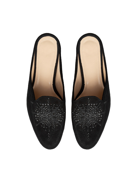 Black Embroidered Suede Mules, 4
