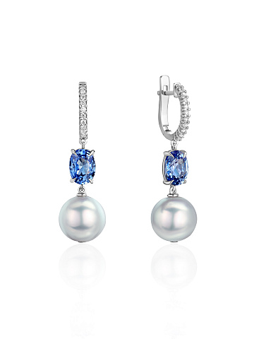 Oval Sapphire, Grey Bead Pearl, Round Diamond & White Gold Earrings, 1