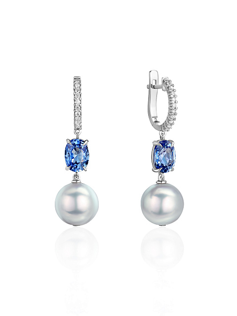 Oval Sapphire, Grey Bead Pearl, Round Diamond & White Gold Earrings, 1