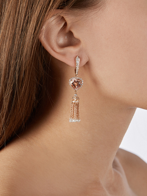 Heart Morganite, Briolette Diamond, Round Diamond & Rose Gold Tassel Earrings, 2