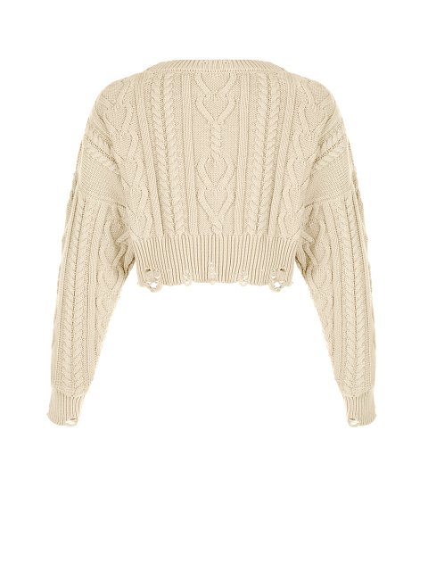 Light Beige Cotton Cropped Cable Knit Sweater, 2 Light Beige Cotton Cropped Cable Knit Sweater, 2