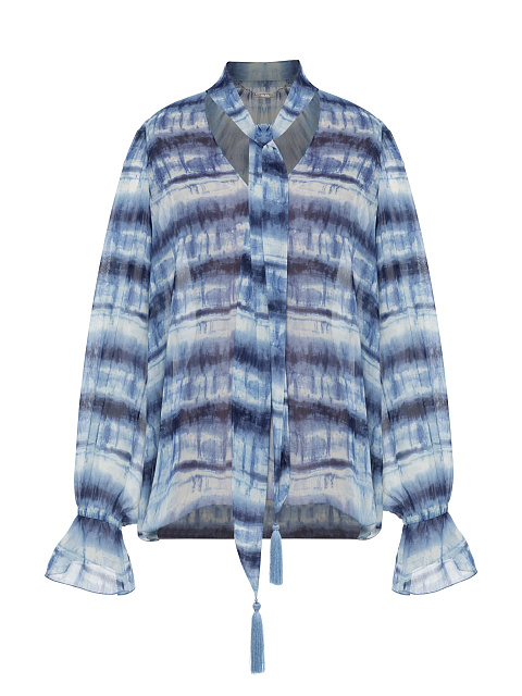 Blue & White Chiffon Blouse With Tassels, 1