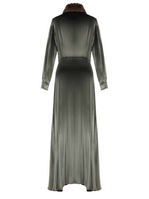 Grey Velvet Maxi Dress with Fur Collar, 2