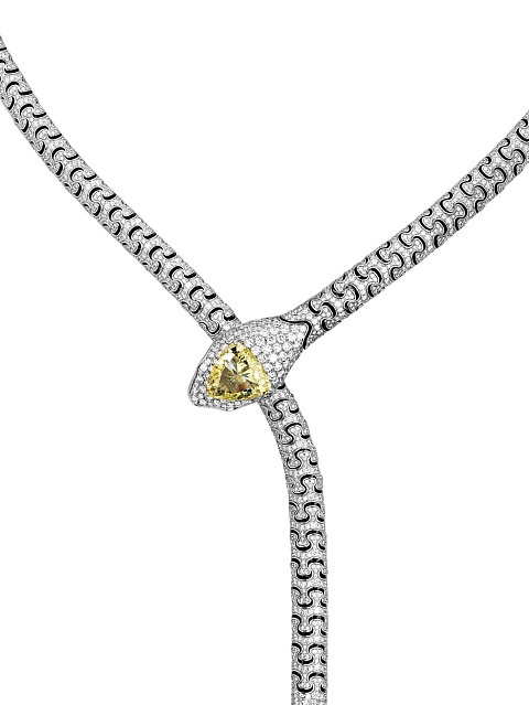 Fancy Yellow Triangular Diamond & Emerald & Round Diamond & White Gold Necklace , 3