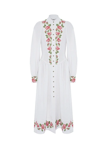 White Floral Embroidery Linen Midi Dress, 1