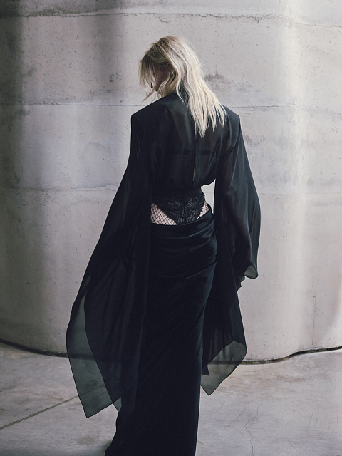 Black chiffon bodysuit blouse with lace, 3