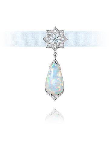 White Gold, Opal, Aquamarine & Round-cut Diamonds Pendant, 1