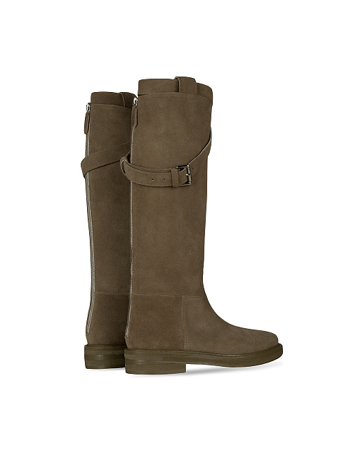 Khaki Buckled Suede Knee Boots, 3