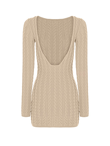 Beige Knitted Open Back Mini Dress, 2