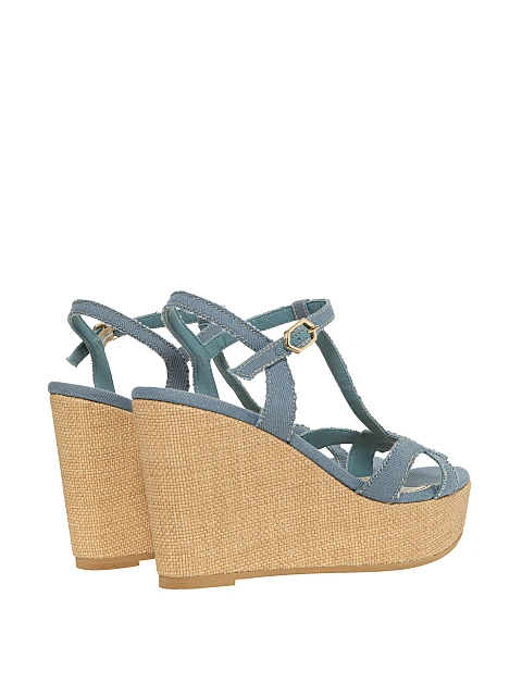 Blue Denim Wedge Sandals, 3