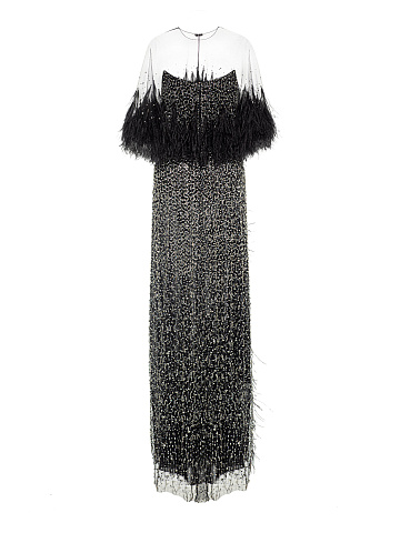 Black Mesh Maxi Dress With Feathers And Crystals, 2