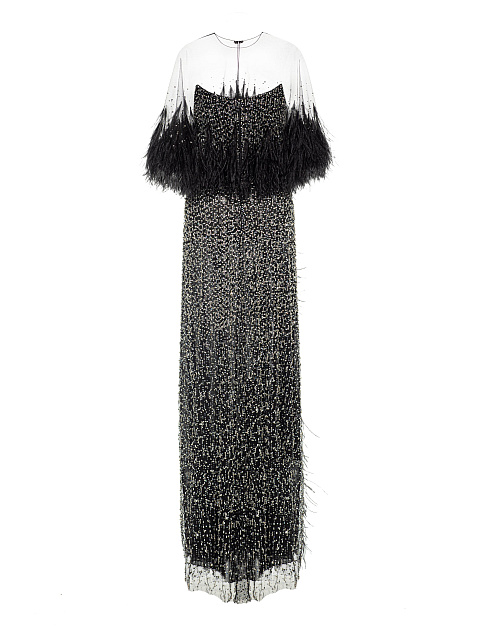 Black Mesh Maxi Dress With Feathers And Crystals, 2 Black Mesh Maxi Dress With Feathers And Crystals, 2