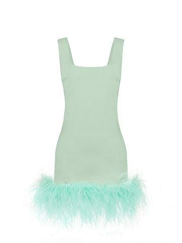 Feather Trimmed Mint Green Jersey Mini Dress, 1