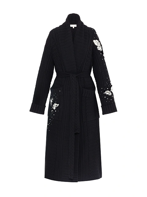Black Mink Fur Trim Cashmere Knitted Coat, 1 Black Mink Fur Trim Cashmere Knitted Coat, 1