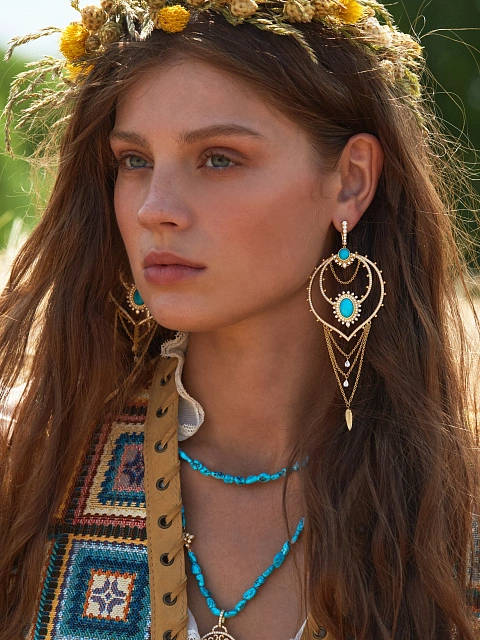 Long gold-plated silver earrings with turquoise and cubic zirconia, 2