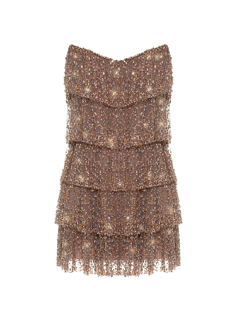 Beige Ruffles & Rhinestones Mini Dress, 1 Beige Ruffles & Rhinestones Mini Dress, 1