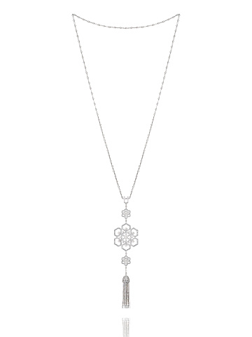 Gray Pearl Akoya & Spinel & Baguette Diamond & Black Gold Tassel Necklace, 1