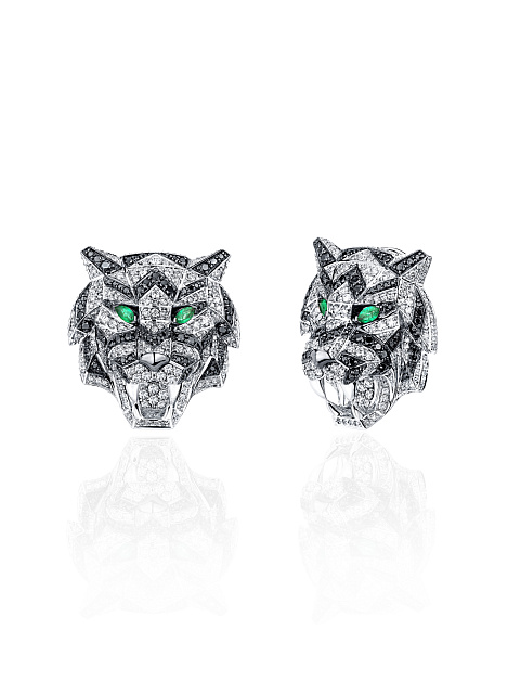 Black Round Diamond, Marquise Emerald & White Gold "Tiger" Earrings, 1