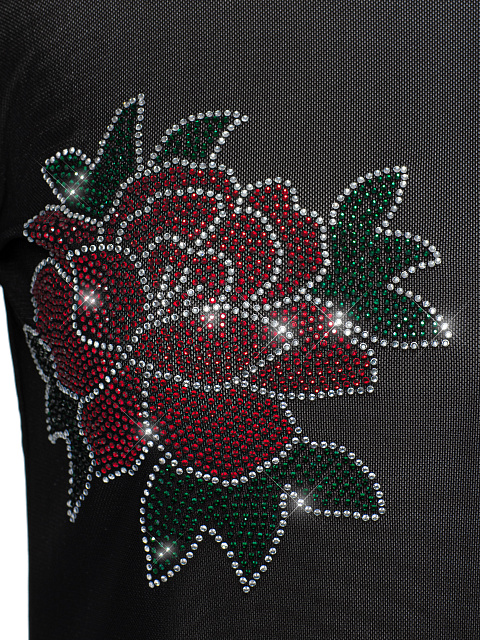 Black Rhinestones Rose Mesh Longsleeve, 4 Black Rhinestones Rose Mesh Longsleeve, 4