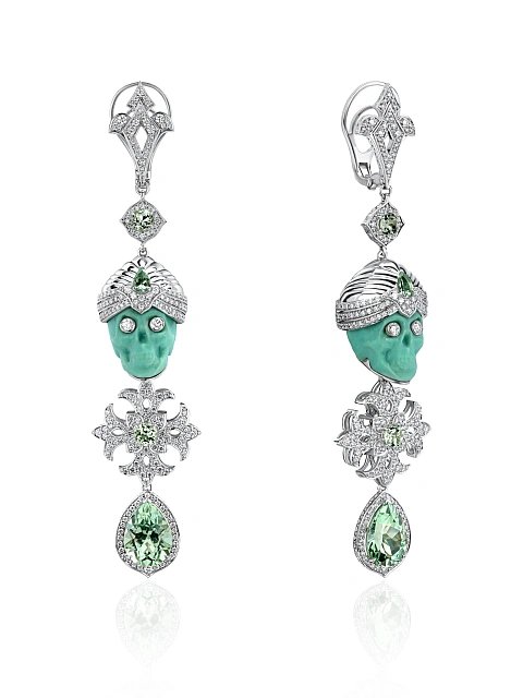 White gold skull earrings with carved turquoise, tourmalines and diamonds, 1