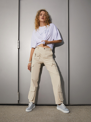 Beige Cotton Cargo Pants, 2