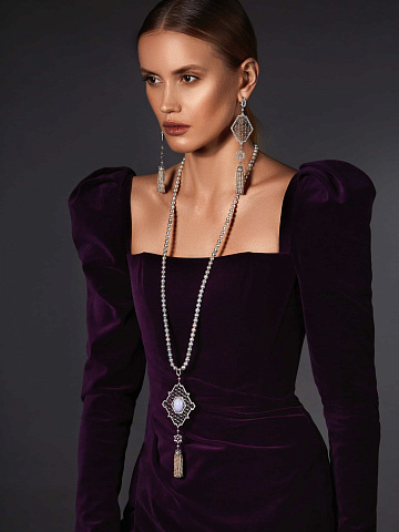 Jade, Gray Round Diamond, Gray Akoya Pearl & White Gold Tassel Necklace, 2