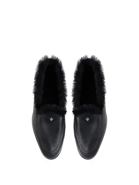 Black Leather Fur Trimmed Loafers, 4