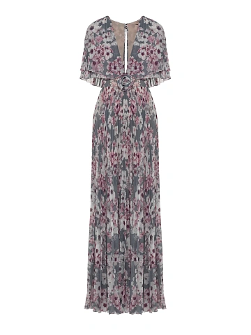 Gray chiffon maxi dress with floral print, 1