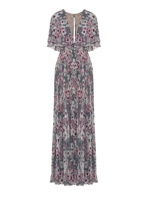Gray chiffon maxi dress with floral print, 1 Gray chiffon maxi dress with floral print, 1