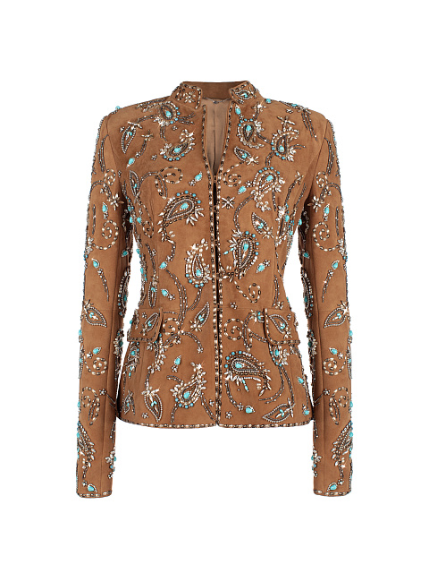 Brown Suede Embroidered Blazer, 1