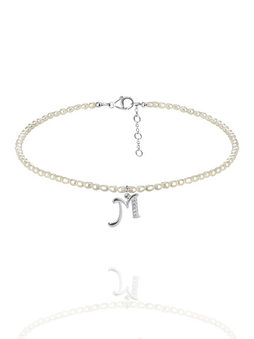 Pearls, Cubic Zirkonia & Silver "M" Letter Choker, 1