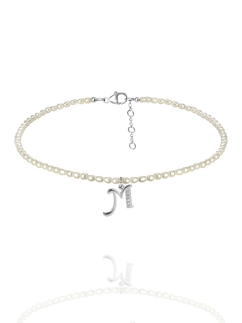 Pearls, Cubic Zirkonia & Silver "M" Letter Choker, 1