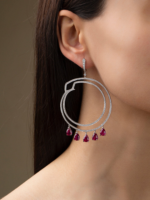 Pear Ruby, Round Diamond & White Gold Earrings, 6