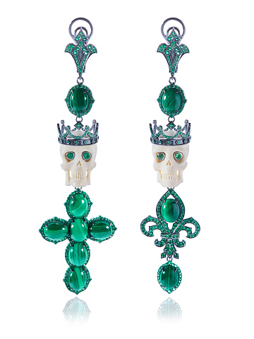 Black Gold Mammoth Tusk Malachite Emerald Earrings, 1