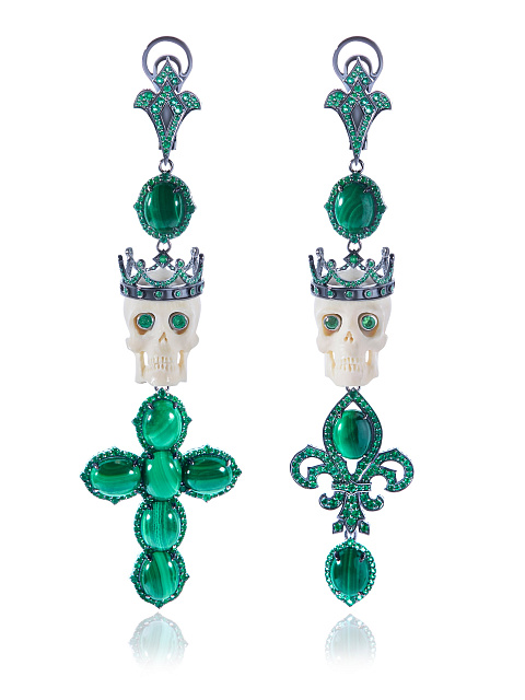 Black Gold Mammoth Tusk Malachite Emerald Earrings, 1