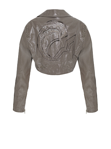 Taupe Cropped Patent Leather Biker Jacket, 2