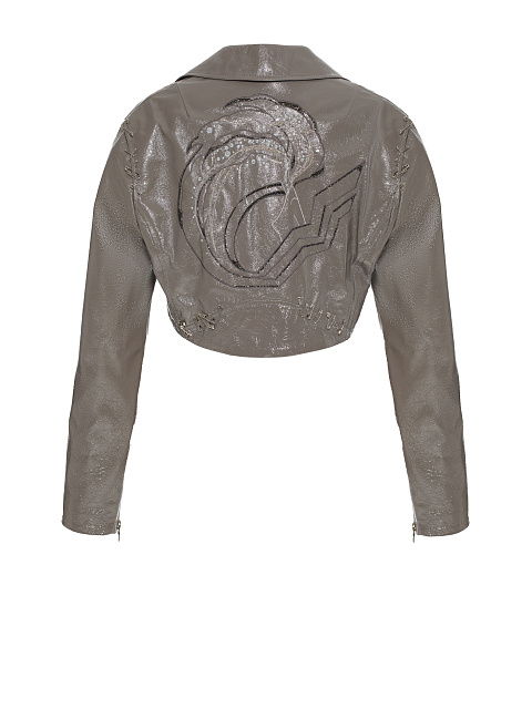 Taupe Cropped Patent Leather Biker Jacket, 2