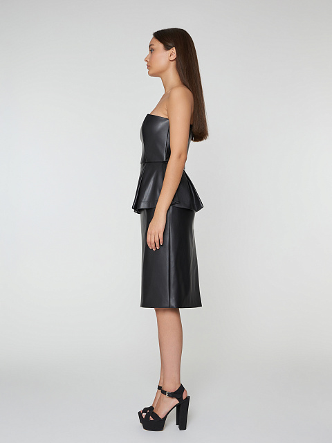 Black Faux Leather Peplum Midi Dress, 5