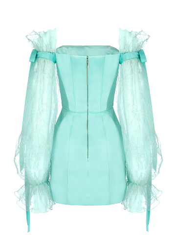 Turquoise Satin & Organza Mini Dress, 2