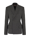Жакет двубортный серый в клетку, с отрезной талией, карманы-клапаны, фижма
