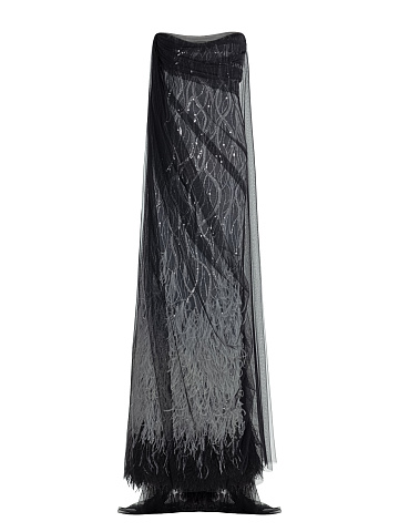 Maxi dress with sequins and feathers, 1
