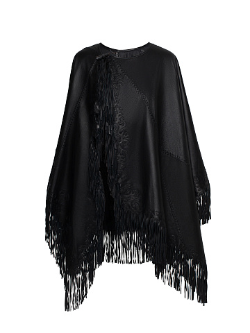 Black Fringe Leather Poncho, 1
