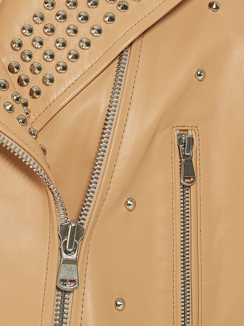 Beige Studded Leather Biker Jacket, 4 Beige Studded Leather Biker Jacket, 4