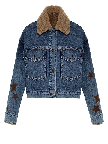 Blue Denim & Shearling Jacket With Leather Trim, 1