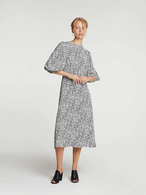 White & Black Printed Lantern Sleeve Midi Dress, 4 White & Black Printed Lantern Sleeve Midi Dress, 4
