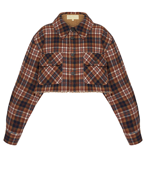 Brown Checked Cropped Faux Fur Lined Shirt, 1 Brown Checked Cropped Faux Fur Lined Shirt, 1