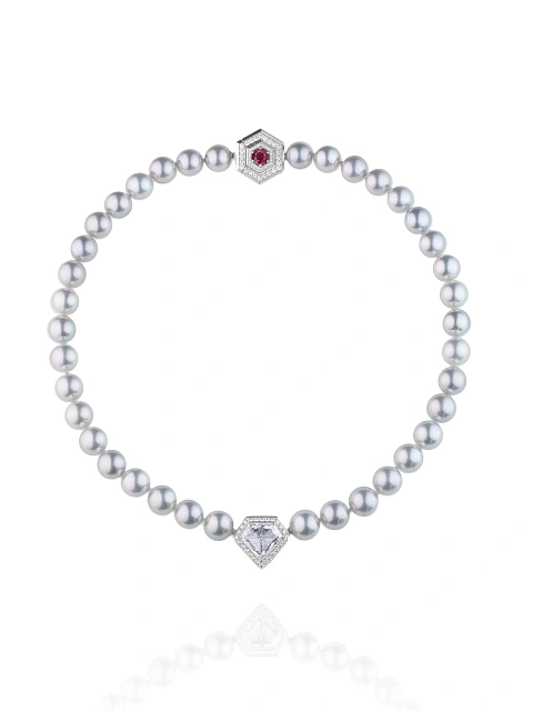Fantasy Cut Diamond, Grey Pearl & White Gold Necklace, 4