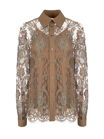 Beige Lace-Paneled Silk Blouse, 1